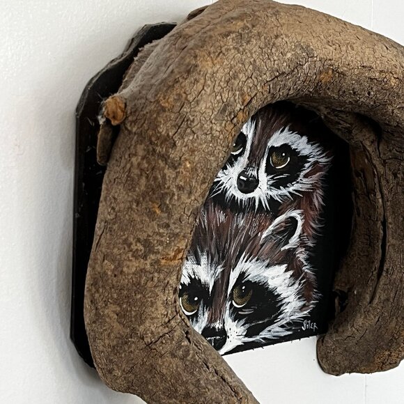 Rustic Hand Painted Raccoon Folk Art Wood Branch Frame Dimensional signed - Picture 1 of 13